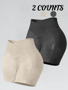 2-Pack Neutral Tone Seamless Gym Shorts, V-Cross High Waist Butt Lifting Biker Shorts, Quick Dry Elastic Fitness Wear
