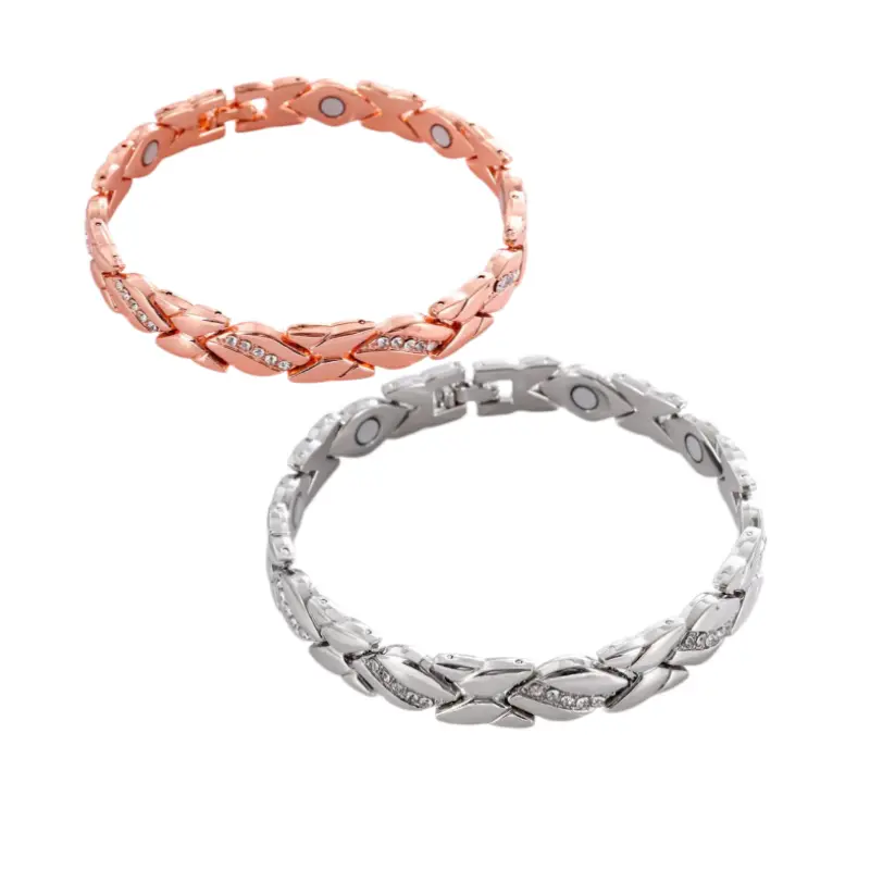 Women's Matching Copper Bangle Sets (2-Piece) - Elegant Leaf Bangles with Diamond Accents, 3500-Gauss Magnetic Therapy, Gold-Silver Tone, 7.48-9.45 in Large Size, Elegant Bangle