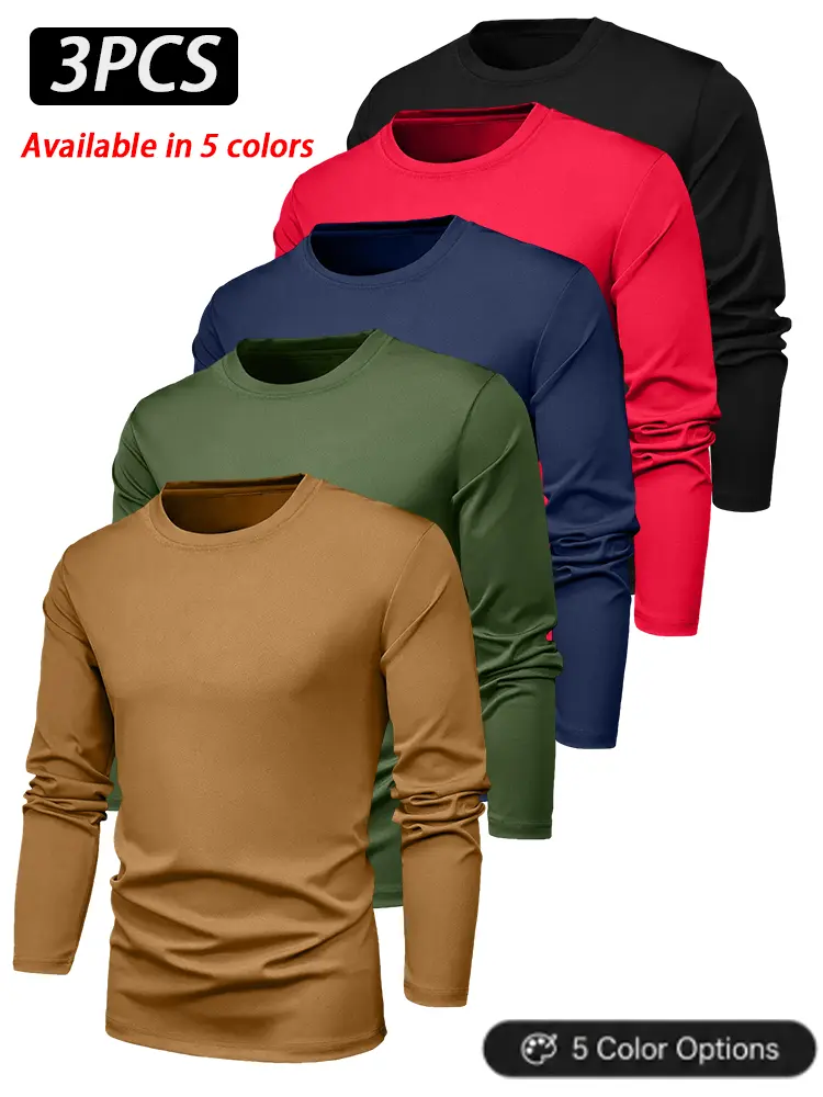 Men’s Long Sleeve Crew Neck T-Shirt, Regular Fit Solid Color Casual Basic Tee, Lightweight Everyday Pullover Top for Fall, Lounge, Workout, Travel and Streetwear, Available in 1-Pack, 2-Pack or 3-Pack