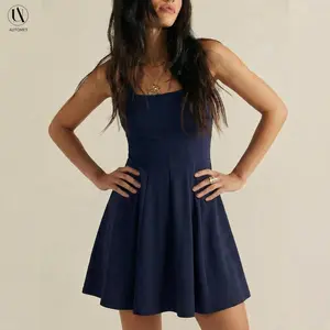 AUTOMET Casual Womenswear Navy Blue Sleeveless A-Line Dress for Everyday Wear