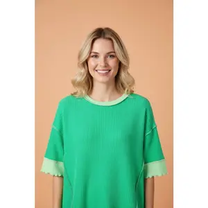 Colorblock Corded Knit Uneven Hem T-Shirt