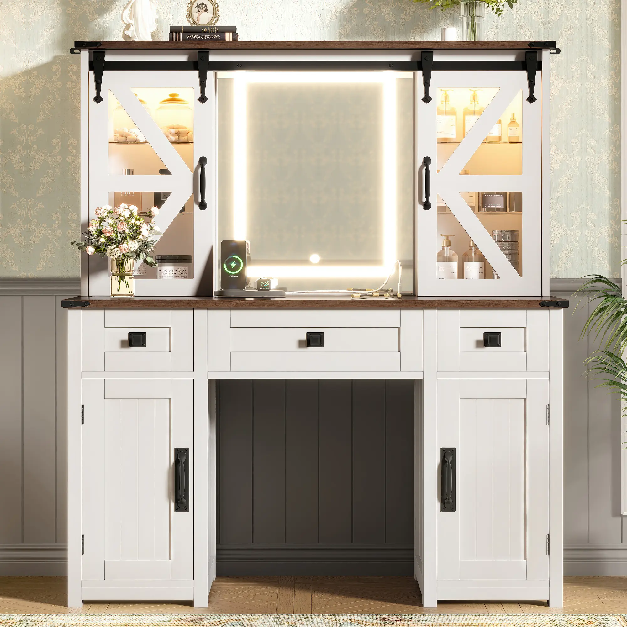 43.3"Rustic Farmhouse Distressed White Makeup Vanity, Sliding Glass Barn Door Dressing Table with 3-Color Dimmable LED Lights on Mirror & Cabinet, Hidden Shelf, 3 Drawers & 4 Side Cabinets, Built-in Charging Station, Contrast Brown Tabletop