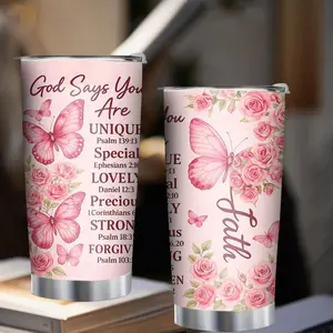 20oz Thermos Mug with Bible Verse Floral Pink Rose Design Leakproof Travel Coffee Cup Christian Faith Bible Scripture Gift for Men Women Dad Graduation Father's Day Coffee Travel Mug Teachers Gift