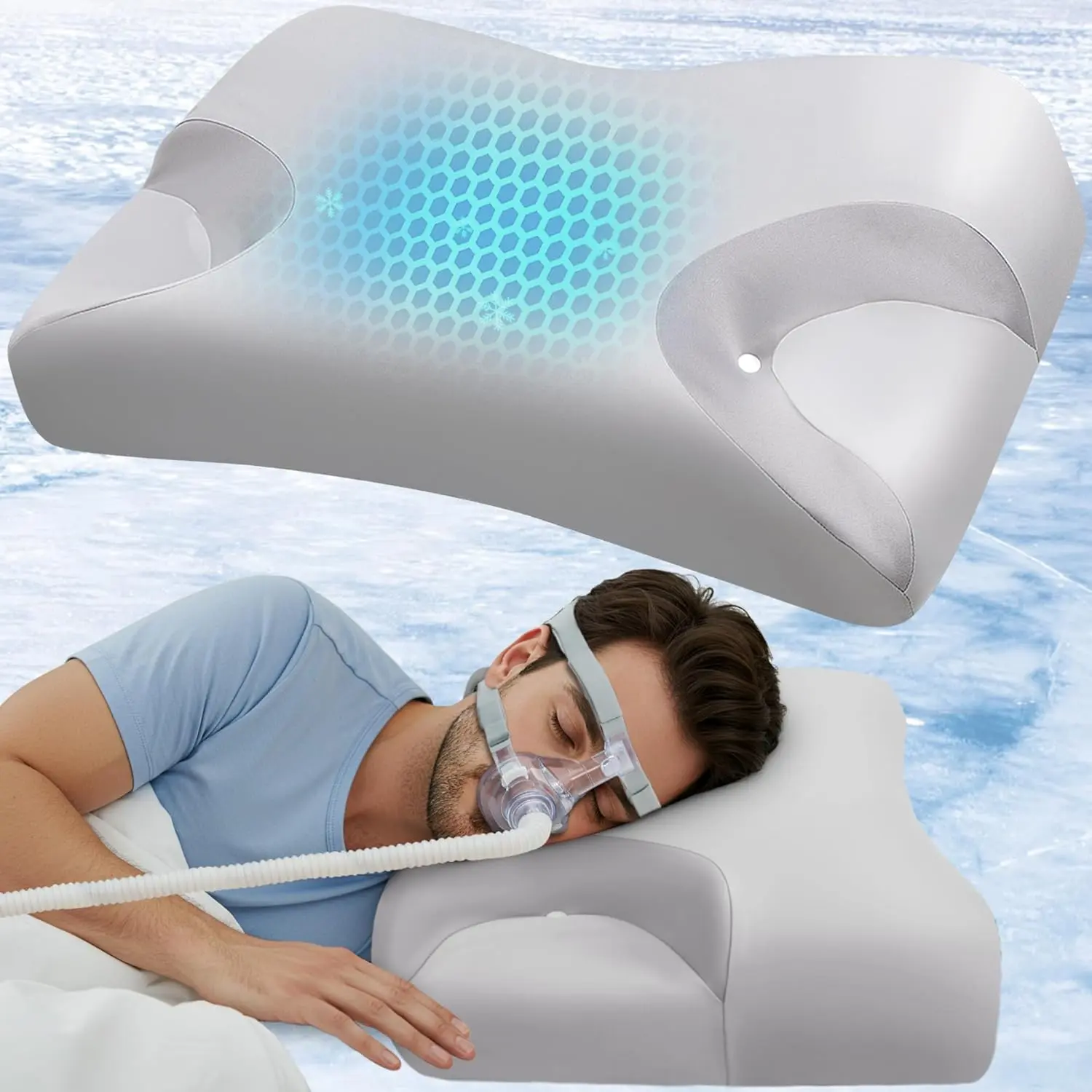 Cooling CPAP Pillow for Side Sleepers - Sleep  Pillow for CPAP User -  Air Leak/Hose Tangle/Mask  - Memory Foam Neck Support Nasal Pillows Side// Sleeper