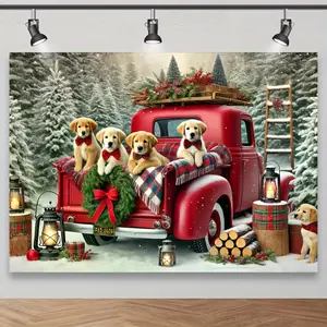 Festive Christmas Photography Backdrop with Puppies and Red Truck - Polyester Fabric Holiday Scene for Party Photos, Winter Celebrations, Home Decor Banners White