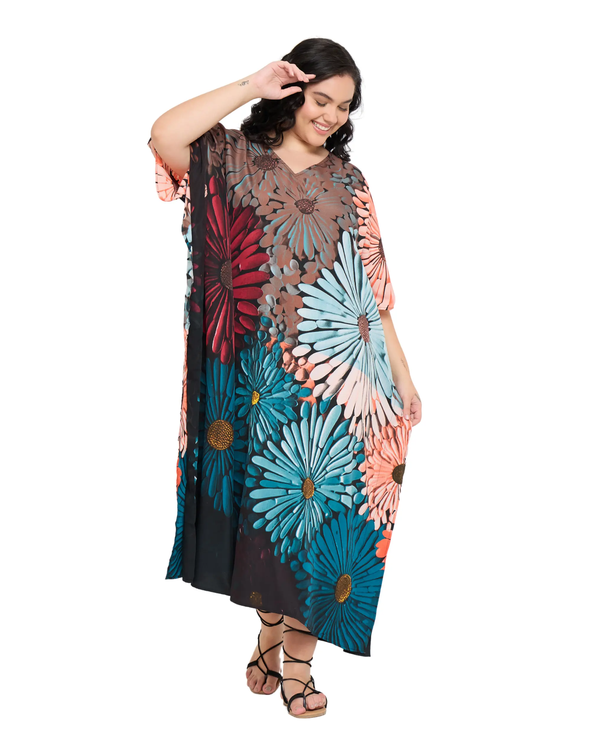 Gypsie Blu Loungewear Kaftan for Women Daisy Flower Printed Stylish Regular Party Wear Lightweight Soft Caftan Kimono Sleeve Teal Blue & Rust Brown One Size Fits Most