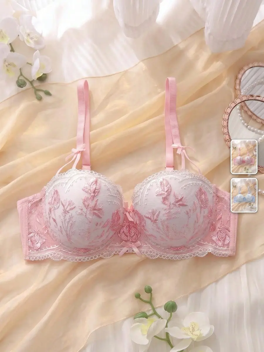MEAUS Babydoll Lingerie Set Embroidered Mesh Padded Underwire Pink Summer Soft Girl