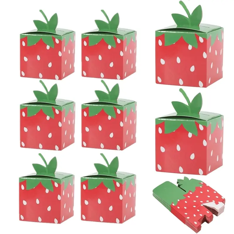 10Pcs Strawberry Party Favor Boxes Summer Pink Red Fruit Theme Foldable Paper Candy Boxes for Birthday Bridal Shower Baby Shower Sweet Treat Gift Boxes Party Decorations Bulk Packaging