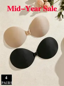 Front Buckle Self Adhesive Push Up Bra, Solid Invisible Strapless Backless Bra, Sweatproof Skin-Safe Reusable, Non-Slip All Day Fit for Wedding Bikini Daily Dresses, Fits A-D Cups | Value 4 Pairs