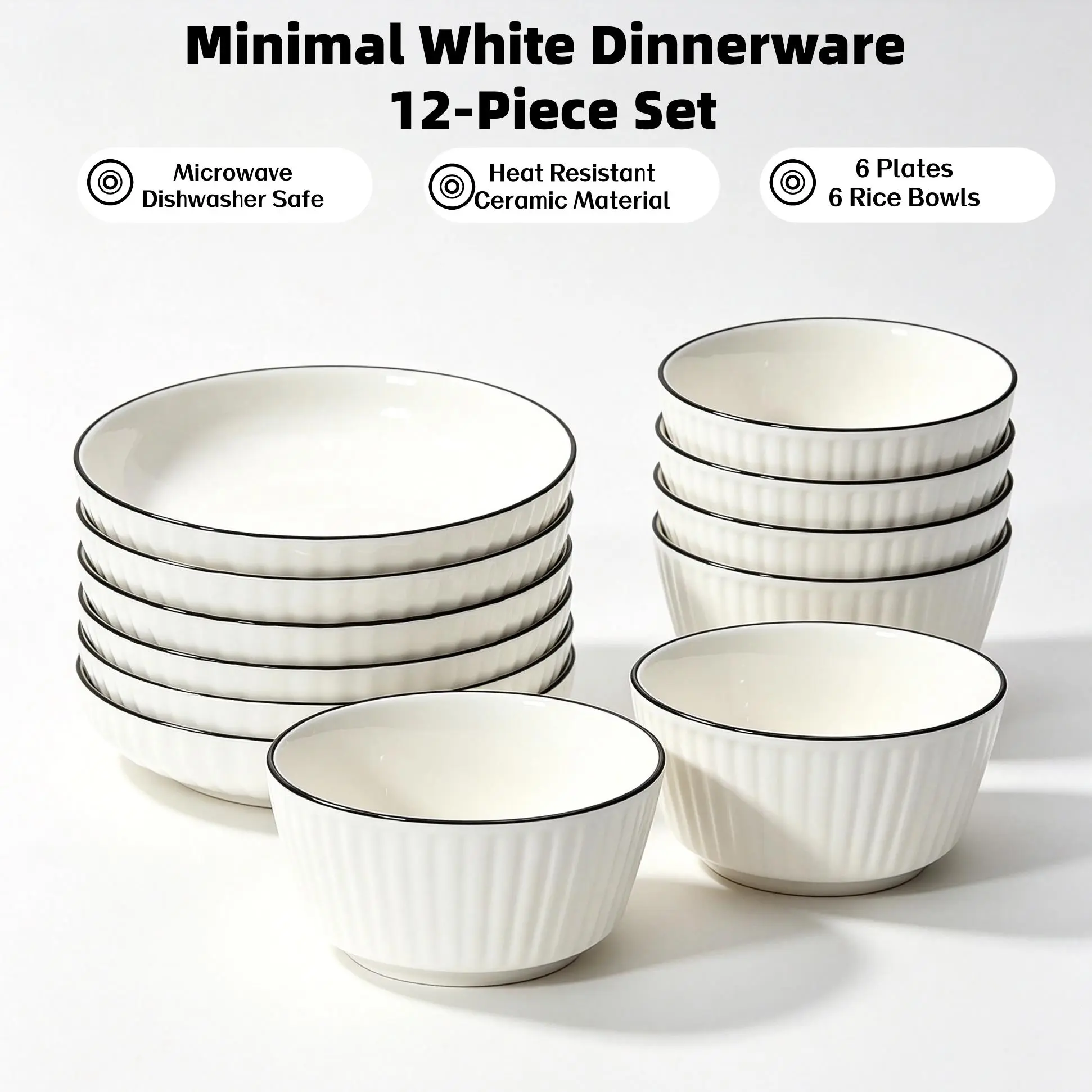 12pcs ceramic tableware, 6 plates and 6 bowls set, white ceramic plates with underglaze striped design and black edging, simple round plates suitable for microwave and dishwasher, ideal for salads, pasta, steak, home use, and parties