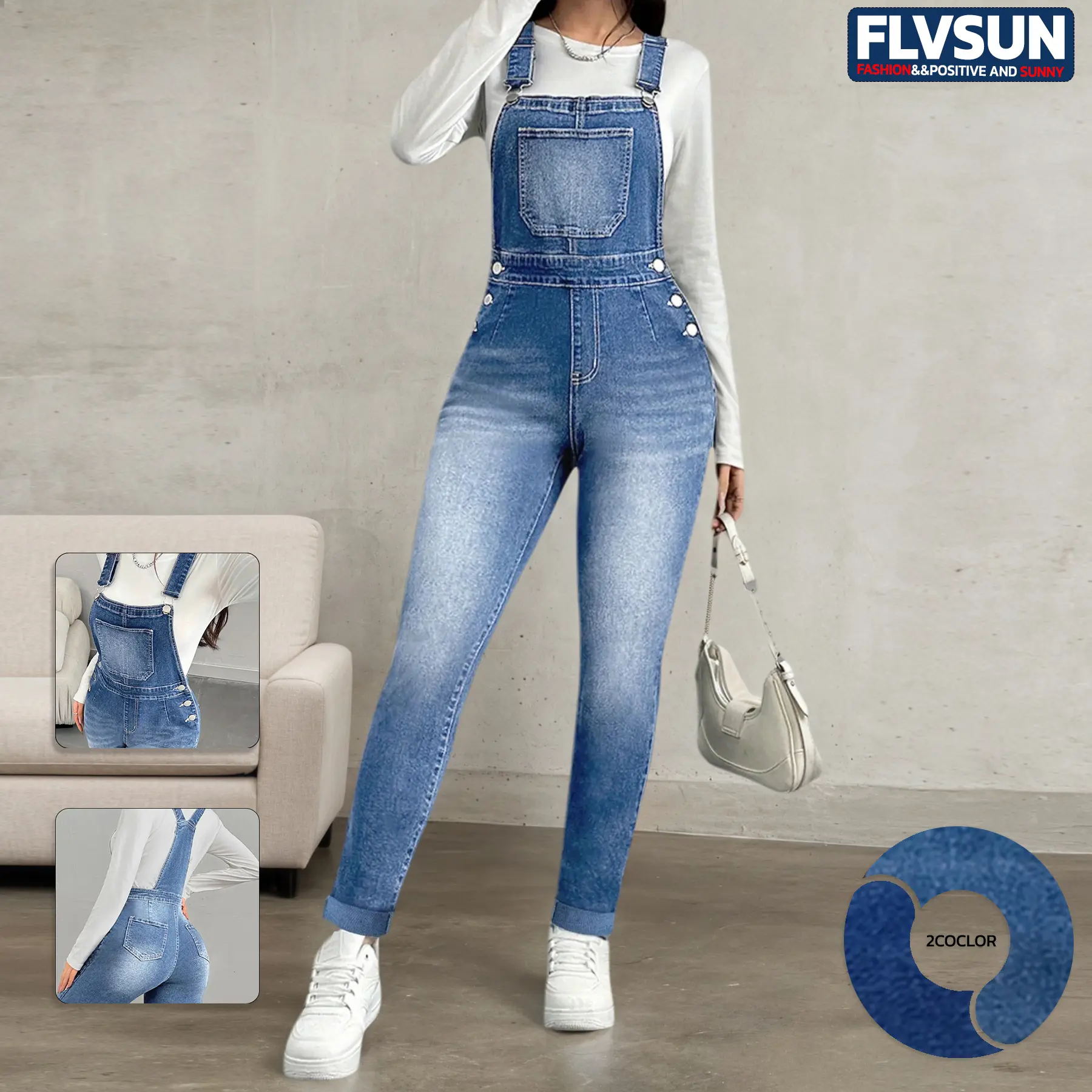 Flvsun Women's Vintage Denim Overalls, Relaxed Fit Jean Jumpsuit with Adjustable Straps and Front Bib Pocket for Casual Wear, Denim Jean Overall, Relaxed Fit Overall