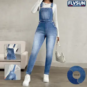 Flvsun Women's Denim Overalls Medium Blue Washed Soft Comfortable Sleeveless Skinny Leg Jumpsuits with Adjustable Straps & Front Bib Pocket for Everyday Wear