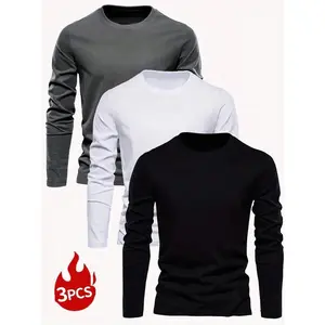 Men’s 3-Pack Basic Long-Sleeve T-Shirts (Black/White/Gray) – Trending #EssentialCasualStyle, Best-Selling Everyday Basics for Urban/Relaxed Looks, A Must-Have in Men’s Apparel with a Minimalist Aesthetic and Slim Fit
