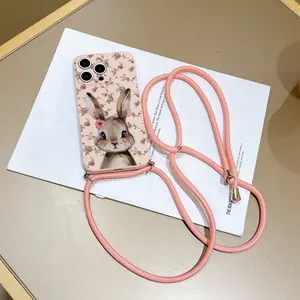 Convenient Lanyard Phone Case with Adjustable Strap and Crossbody Shoulder Strap, Phone Wrist Strap, Bunny Vintage Floral, Tpu Anti-Drop Protection, Phone Accessories