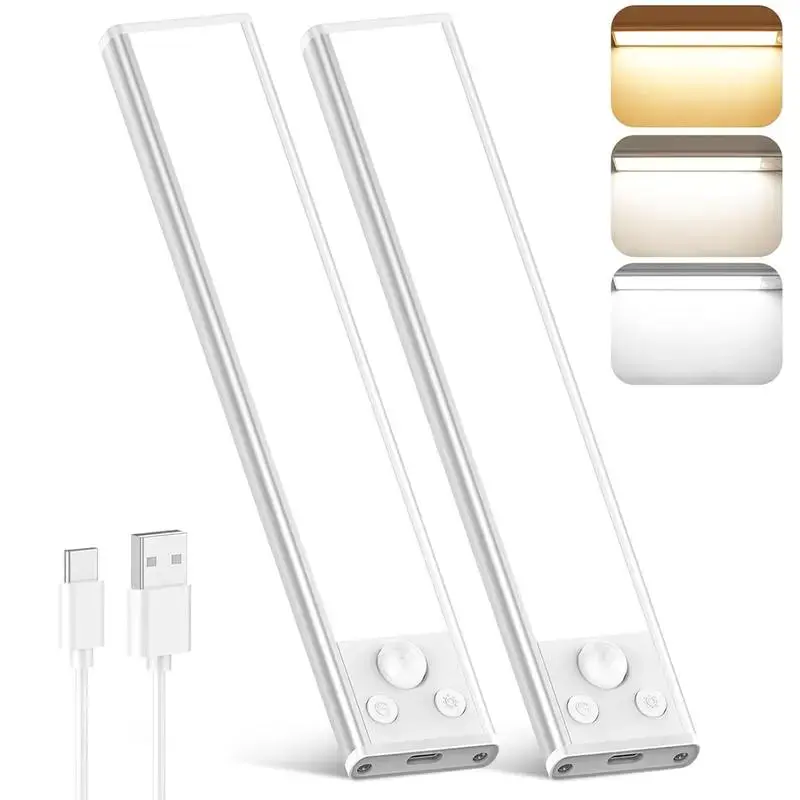 4-Pack Under Cabinet LED Strip Lights with Motion Sensor, USB Charging, Auto Shut-Off, Eye-Care Gradual Brightness, Natural Light, Warm White, Bright Even Illumination for Closet, Kitchen Counter, Bedroom