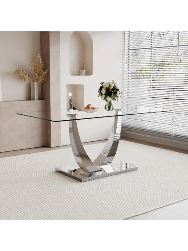 MUUOKY 63" Modern Rectangular Tempered Glass Dining Table - Heavy Duty Top, Geometric U-Shaped Base, Indoor Elevated Furniture for 4-6, Non-Slip Pads, Labeled Parts, Assembly Tool, Assembly Guide, Elegant Table for Open-Concept Dining Areas