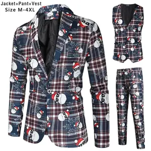 Snowman Plaid 3 Piece Casual Business Printed Suits Men's Christmas Party Suit Funny Costume Novelty Xmas Jacket Trousers Vest