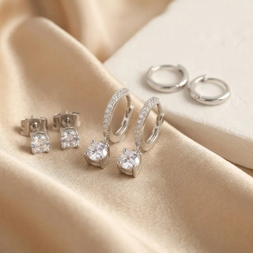 Trendy Silver Round Diamond 3-Piece Earring Set, Mixed Design Pendant & Hoop Stack for Multi Piercings, Costume Fashion Jewelry