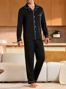 2-Piece Men's Solid Black Base with White Trim Long Sleeve Long Pants Soft Comfortable Top Small Pocket Lapel Design Button Closure Elastic Waistband Suitable for All Seasons Home Daily Casual Loungewear Men's Pajama Sleepwear Set