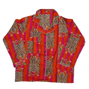Pink & Orange Striped Tiger Pajama Set Cotton
