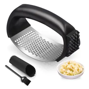 Stainless Steel Garlic Press Rocker with Peeler and Cleaning Brush - Easy-Squeeze Garlic Mincer and Crusher for Smashing Garlic