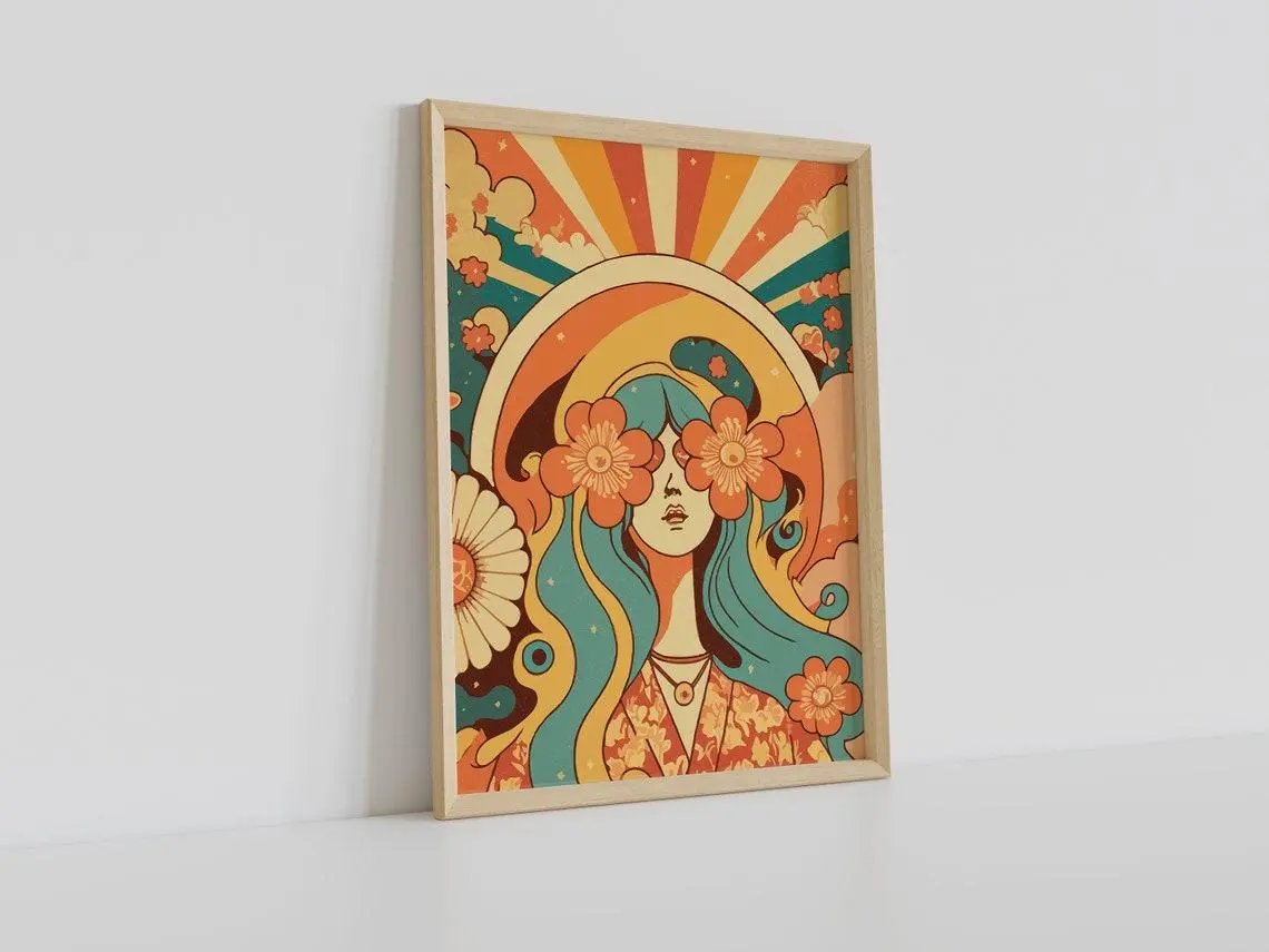 70S Hippie Woman Wall Art, 70S Poster, Aesthetic Room Decor, Vintage Poster. Retro Trendy Art Decor Poster, Unframed Poster