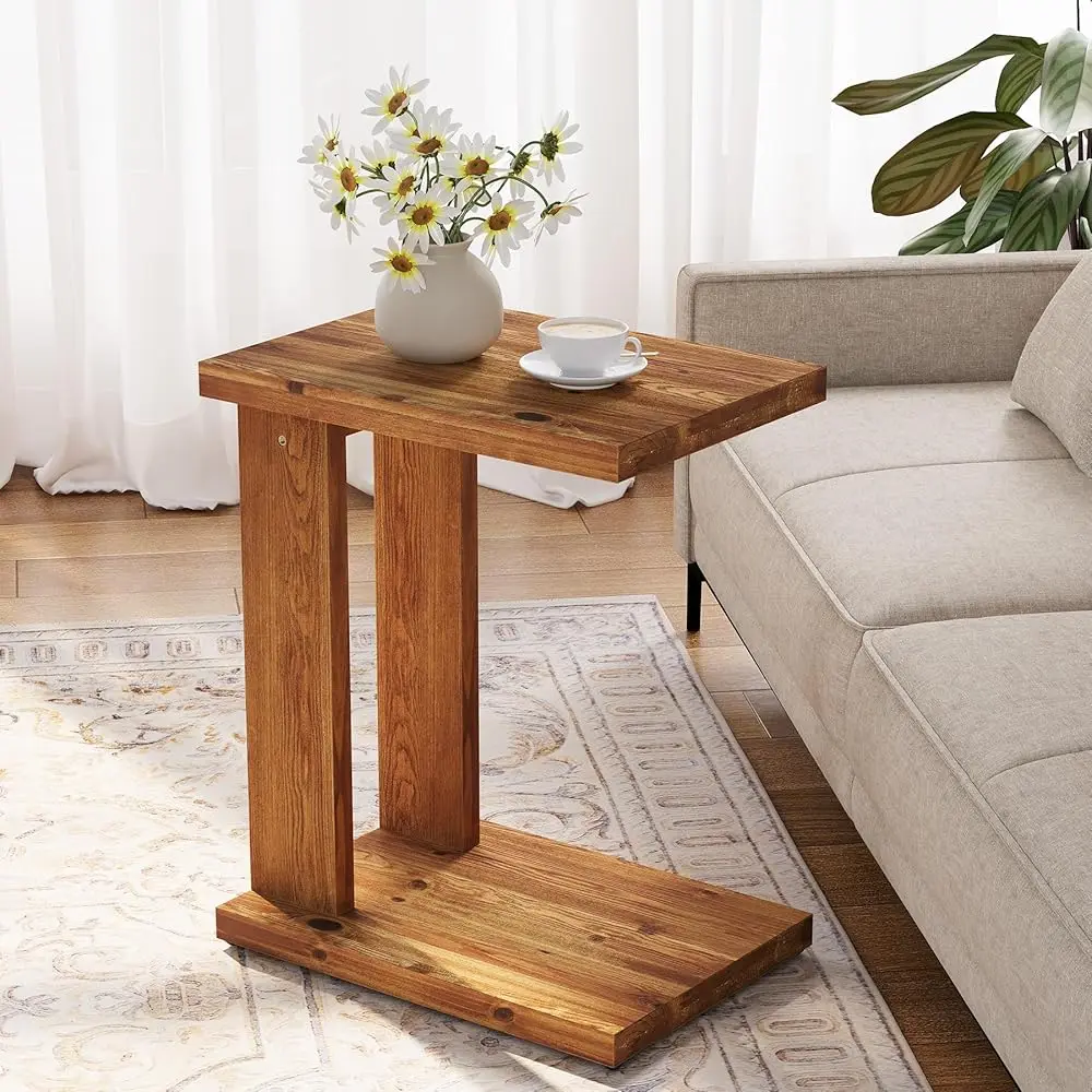 Tribewood Solid Wood C-Shaped Table for Living Room and Bedroom, 2-Tier Side Table or Nightstand