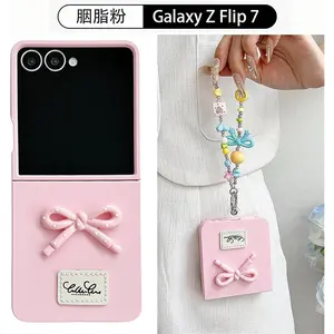 for Samsung Galaxy Z Flip 7 Case Cute,Woman Exquisite Funny Bow Pattern Design,Kawaii Creative Silicone Phone Cover for Z Flip 7 with Pearl Bracelet (Pink)