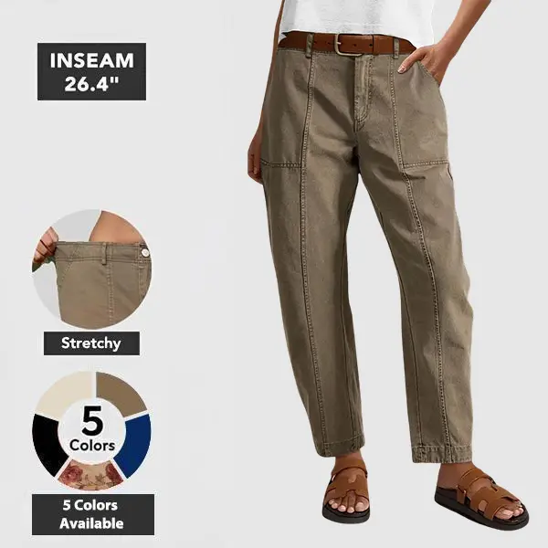 Flamingals Solid Stitch Detail Mid Waist Baby Barrel Fit Deep Pockets Pants High Stretch 26.4" Inseam Casual Women's Fashion Elevated Basic