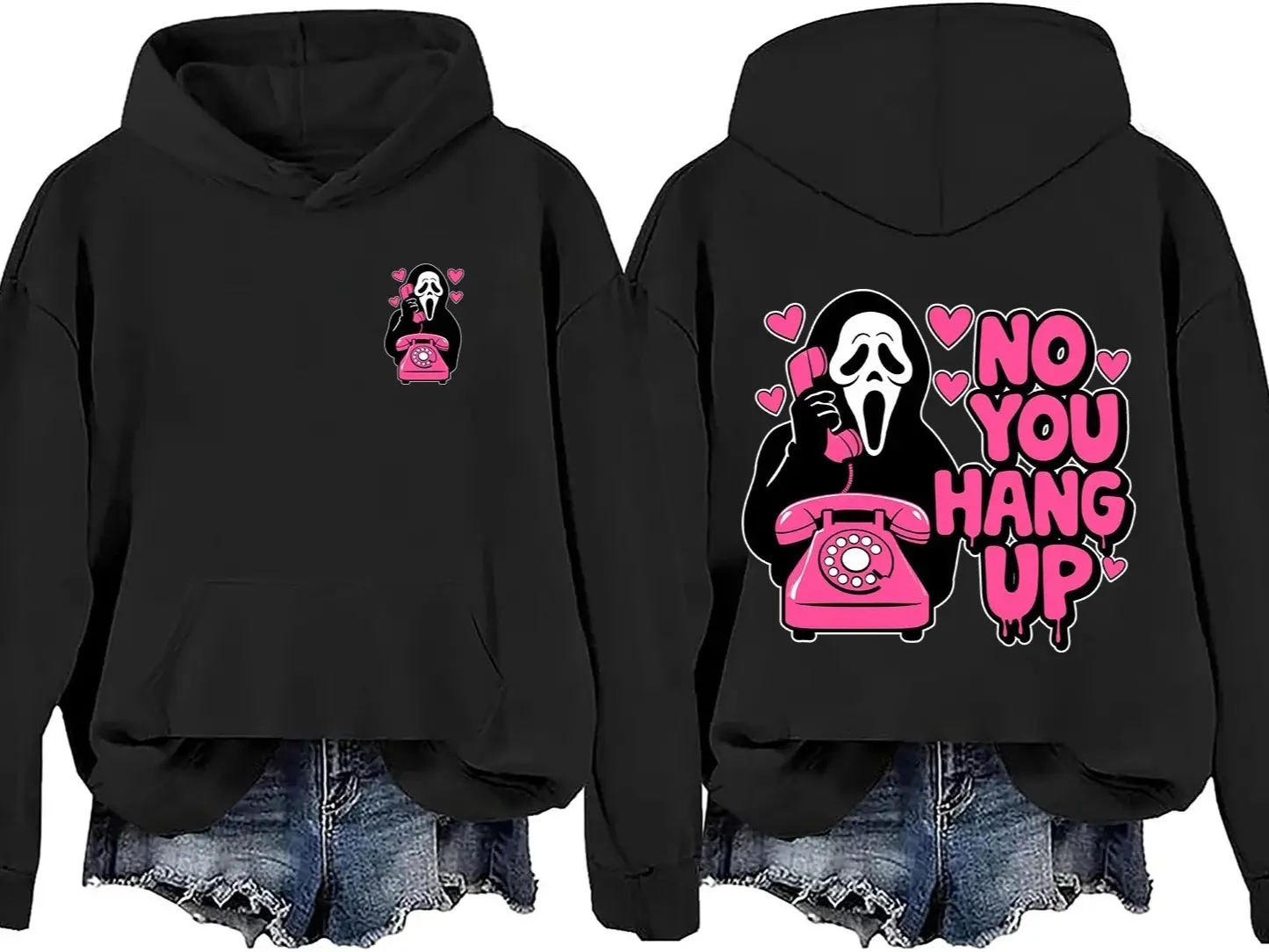 Unisex Retro Baggy Drop-Shoulder Long-Sleeve Pullover Hoodie, Funny Ghost-Face Horror Graphic Casual Streetwear Top, Halloween Gift for Horror-Movie Lovers