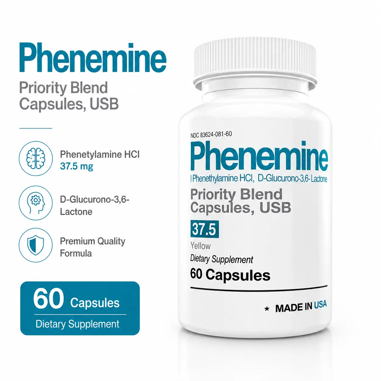Phen 37.5 Capsules, Weight Management Dietary Supplement, 60 Unflavored Capsules, 1 Month Supply, Men & Women, US Stock