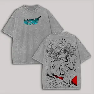 Men's Vintage Jujutsu Kaisen T-Shirt, Oversized Anime Graphic Top with Hajime Kashimo, Distressed Washed Gray Streetwear, Fitted