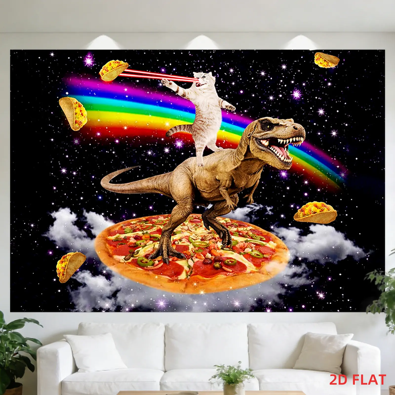 Polyester Fibre Hanging Tapestry - Various Patterns (Dinosaur, Cat, Rainbow, Pizza, Space) - Home Decoration Wall Decor, Ideal for Bedroom, Living Room Use, Perfect Gift Option, Playful Art