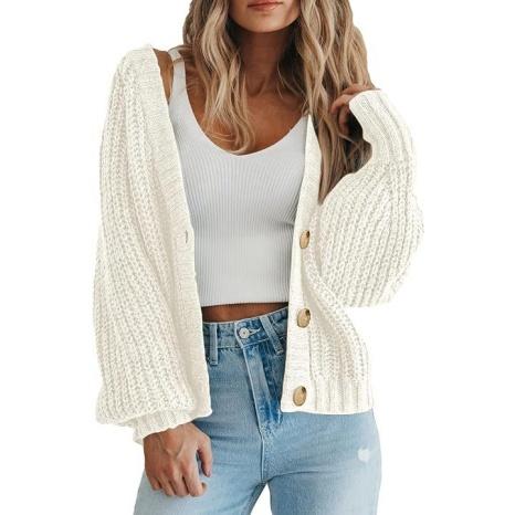 TFNOSIZE Women's Chunky Knit Open-Front Sweater Long Sleeve Button Loose Fit Short Cardigan Outerwear Coat