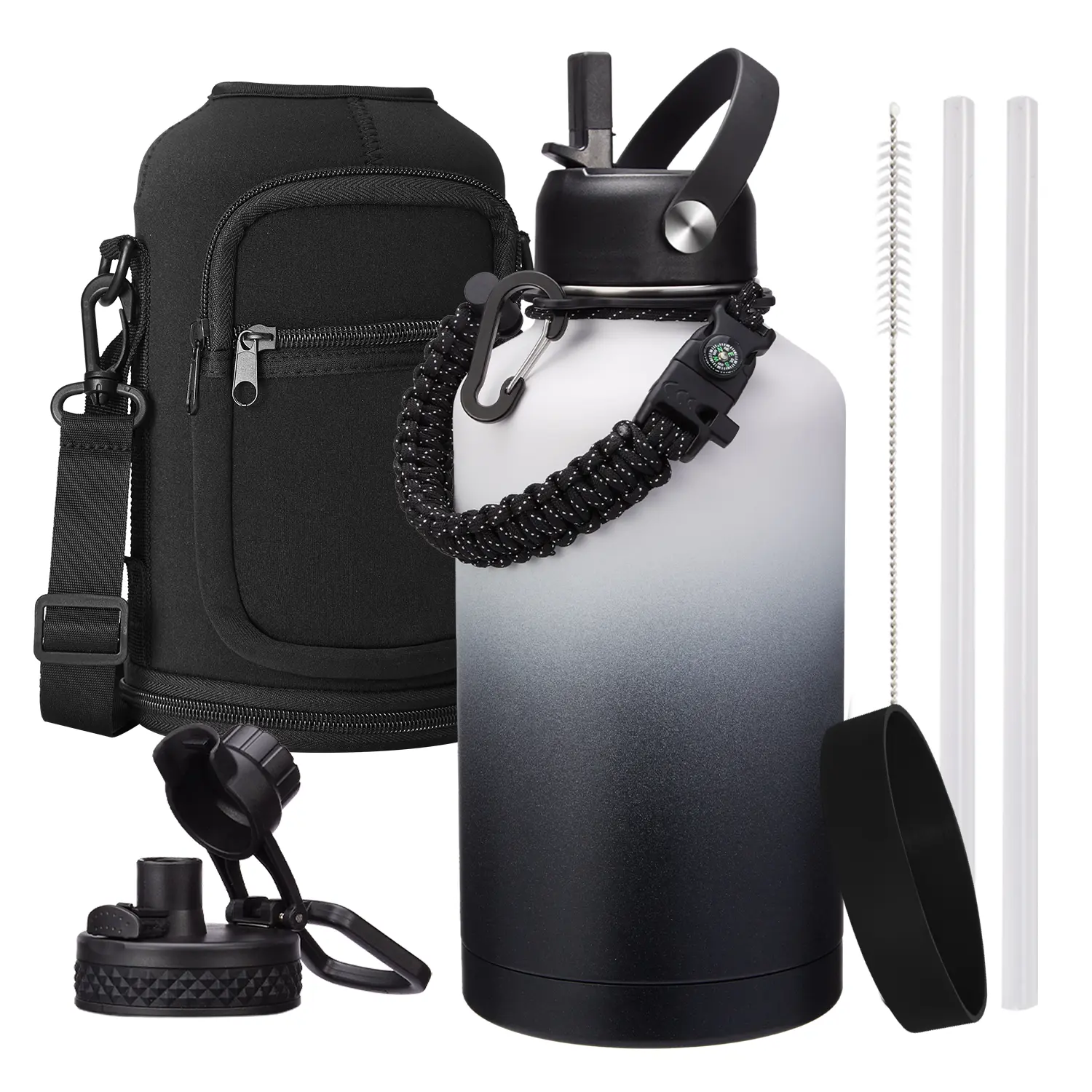 64 oz Insulated Sports Water Bottle, Thick Stainless Steel Vacuum Design, Portable Half Gallon BPA-Free Jug with Straw, Carrier Bag, Handle Strap for Gym, Hiking