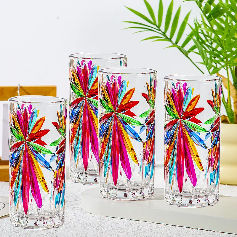 4pcs Crystal Highball Glasses, Hand-drawn Glass Cups, 12.2oz Transparent Glasses Hand-Painted, Vintage Drinking Glassware for Soda, Tea, Water, And Parties, Kitchen Glassware, Best for Christmas, Perfect for Thanksgiving Drinkware