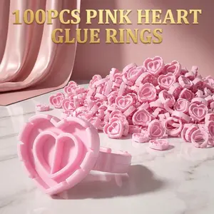 100Pcs Pink Heart Glue Rings, Disposable Lash Extension Glue Holder Rings, Double Wells Adhesive Pallet for Eyelash Extensions, Nail Art, Makeup, DIY Craft, Salon Home Use