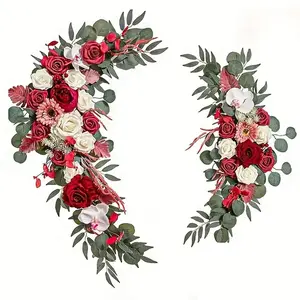 2-piece burgundy wedding arch set, consisting of peony, rose, African chrysanthemum as the main flowers, paired with green leaves and tendrils, suitable for wedding ceremonies, holiday decoration, Artificial Flower Arrangements