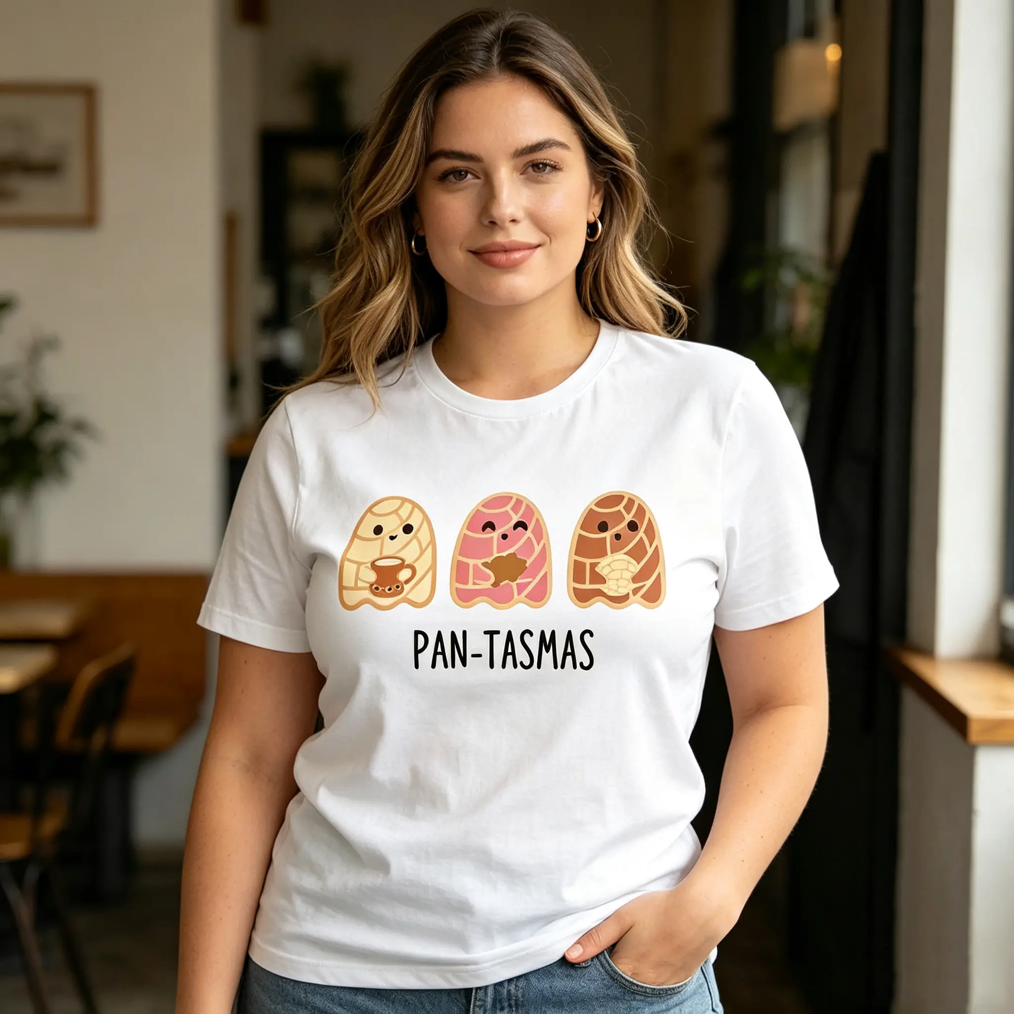 Pan-Tasmas Cute Concha Ghosts Graphic Short Sleeve Top, Funny Spanish Pan Dulce Halloween Slogan Tee, Latina Mexican Fall Spooky Casual Outfit For Women