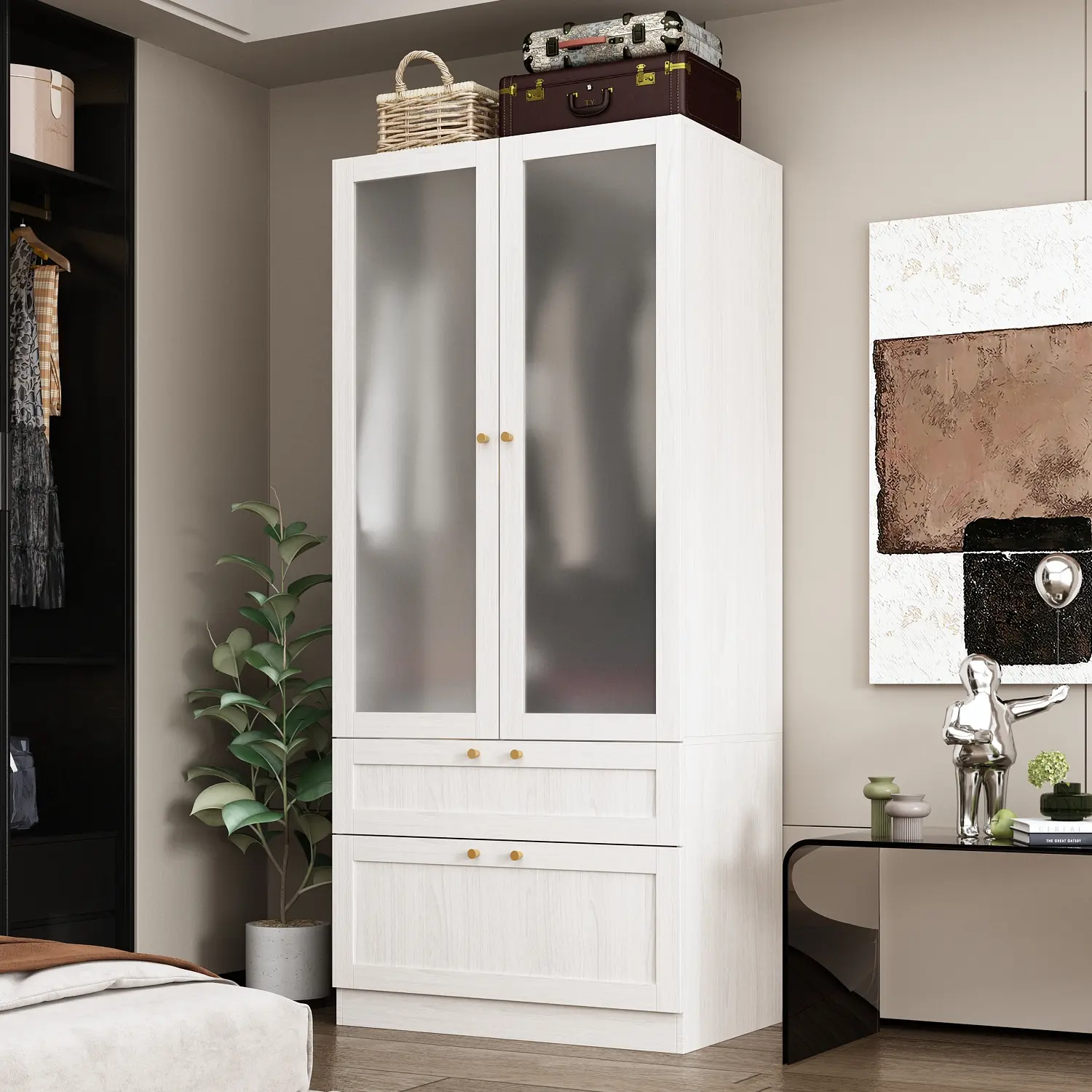 FUFU&GAGA Wardrobe Closet with 2 Glass Doors & 2 Drawers, Modern Armoire with Hanging Rod, Top Cube Storage, Wood Grain Finish, Bedroom Furniture Organizer