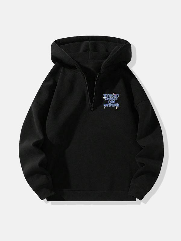 Men's Letter Print Drop Shoulder Zip Up Hoodie, Fashion Casual Regular Fit Hooded Sweatshirt for Daily Holiday Outdoor Wear, Men Clothes for Fall & Winter