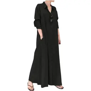 Women's Linen Button Down Long Shirt Dress Casual Loose Cotton Collar Maxi Dress with Pockets