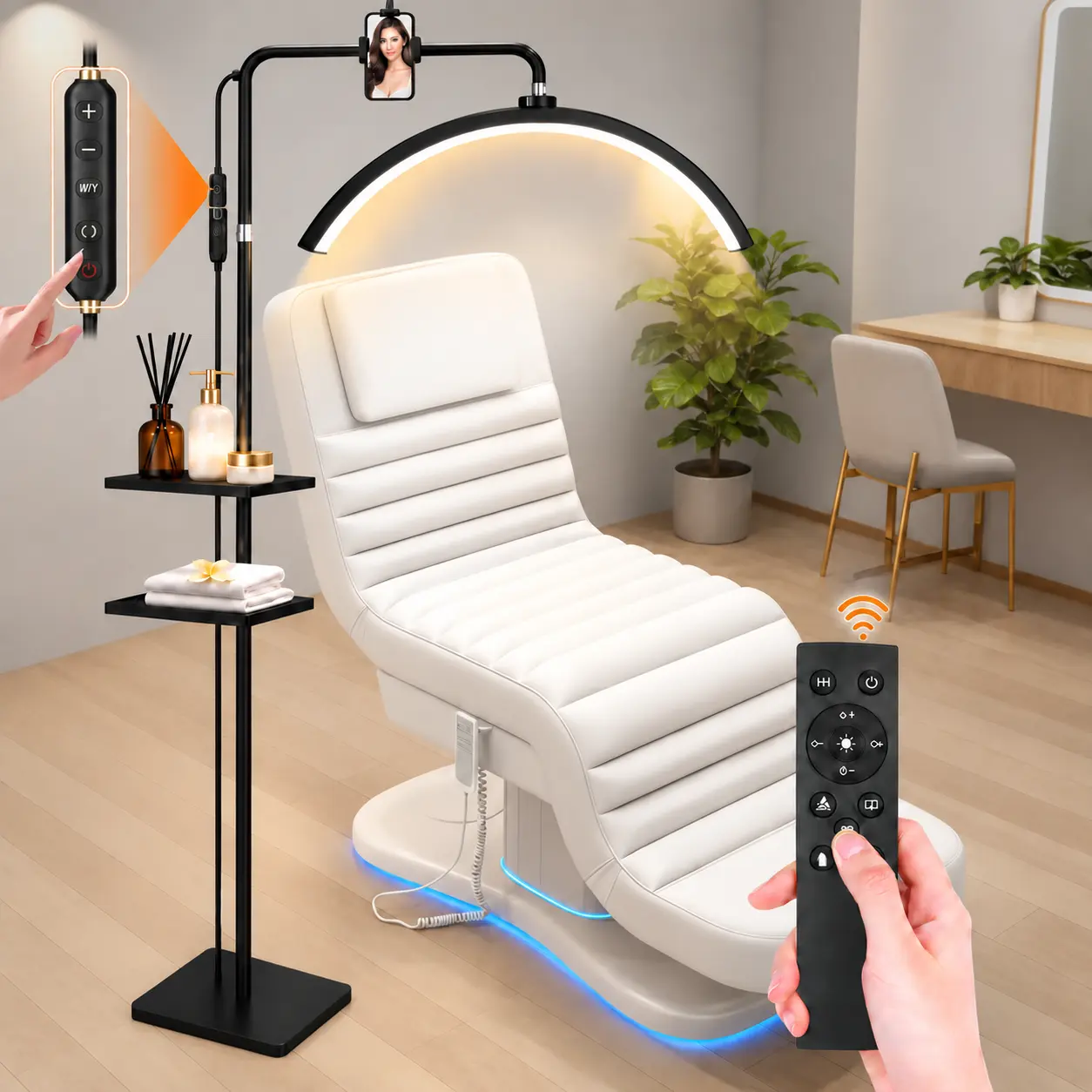 Half Moon Dimmable Work Light Kit - 40W 4000LM Freestanding LED Floor Lamp, Adjustable Height, 5 Color Modes, Phone Holder, 2 Trays for Lash Techs, Lash Extensions & Makeup Lighting Solution