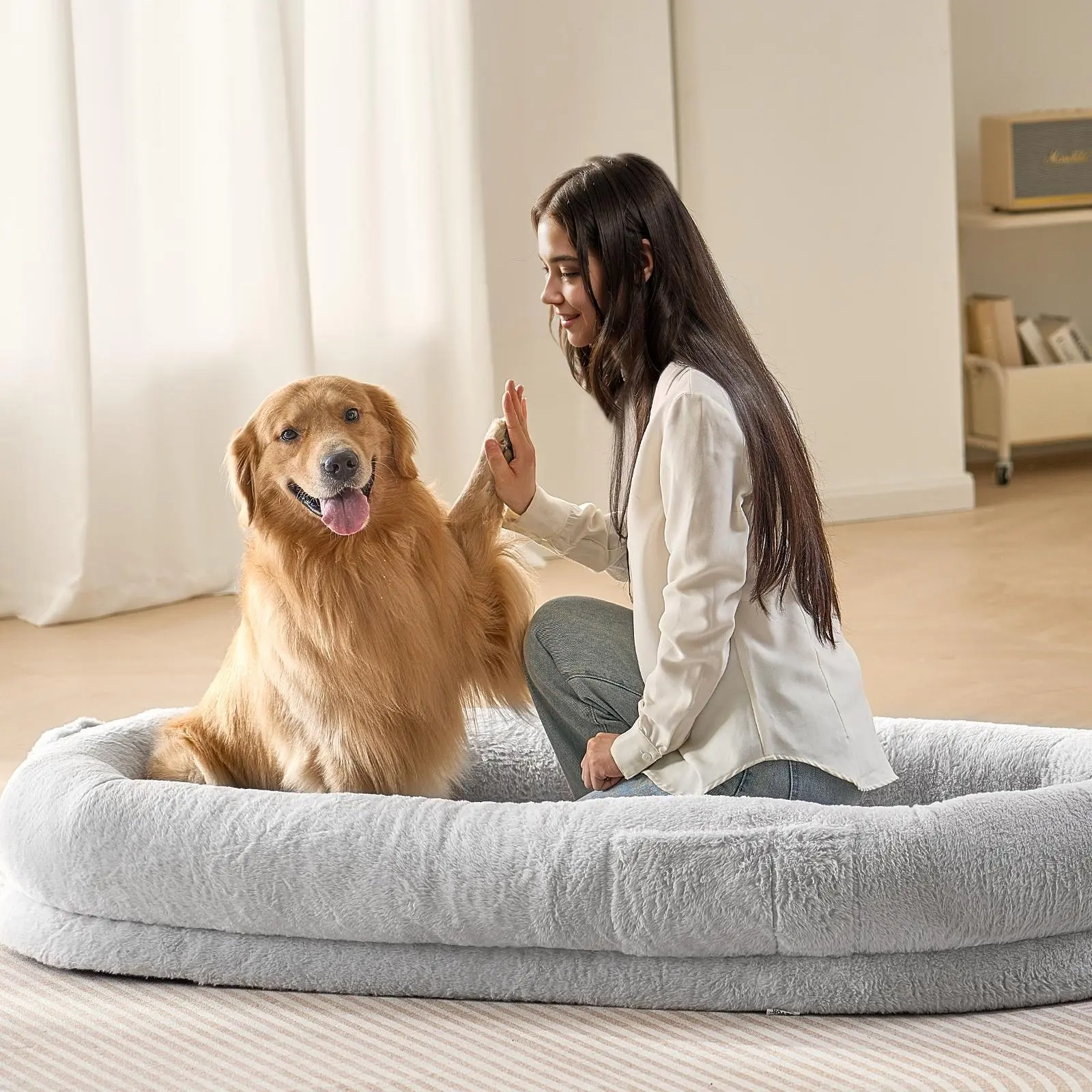 VEVOR Human Dog Bed,  , 67.7"x35"x9.8" Human Dog Bed for Adult, Human Size Dog Bed with Washable Faux Rabbit Fur Cover, Egg Orthopedic Foam, Storage Pocket, Large Dog Bean Bed, Light Grey#BacktoSchool