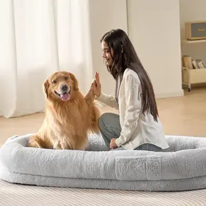 【DealsForYouDays】VEVOR Human Dog Bed,  , 67.7"x35"x9.8" Human Dog Bed for Adult, Human Size Dog Bed with Washable Faux Rabbit Fur Cover, Egg Orthopedic Foam, Storage Pocket, Large Dog Bean Bed, Light Grey