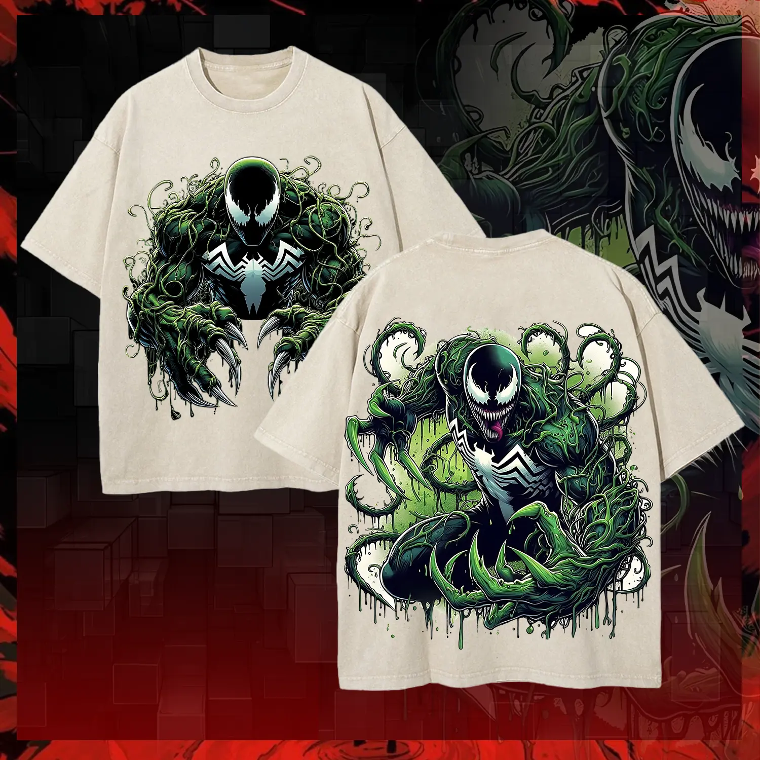 AnimeZon's Aprincot Venom Suit Spidey Symbiote MCU Comic Double Printed Oversize Lightweight Acid Washed Tee TV Series Graphic Top Cotton Streetwear T-Shirt Menswear Oversized