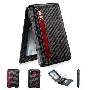 Men's Minimalist Business Wallet with RFID Protection. This bifold wallet holds 10–13 cards and features a built-in cash clip and ID window. Crafted from aluminum alloy, it boasts a dual-fold design and is equipped with a push-button card ejection slot.