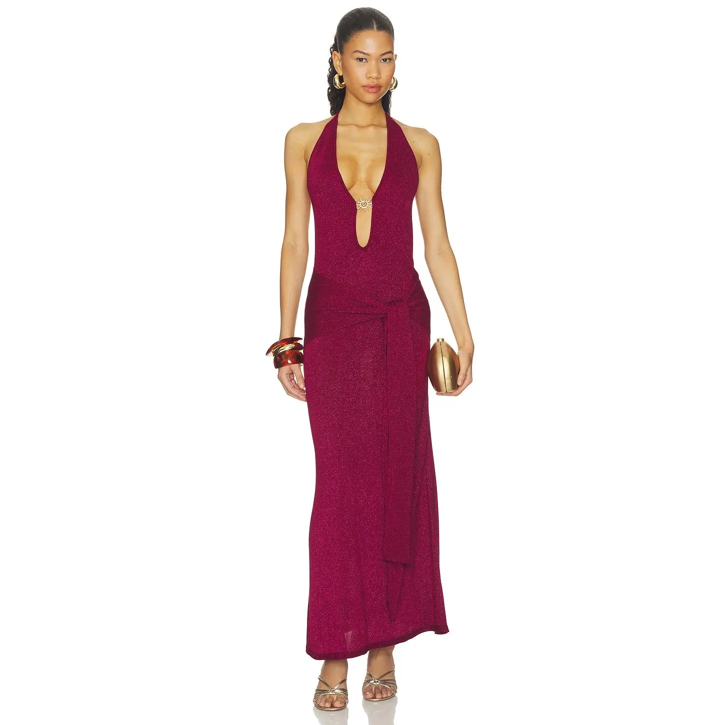 Runaway The Label Ayella Deep-v Knit Maxi Dress in Berry