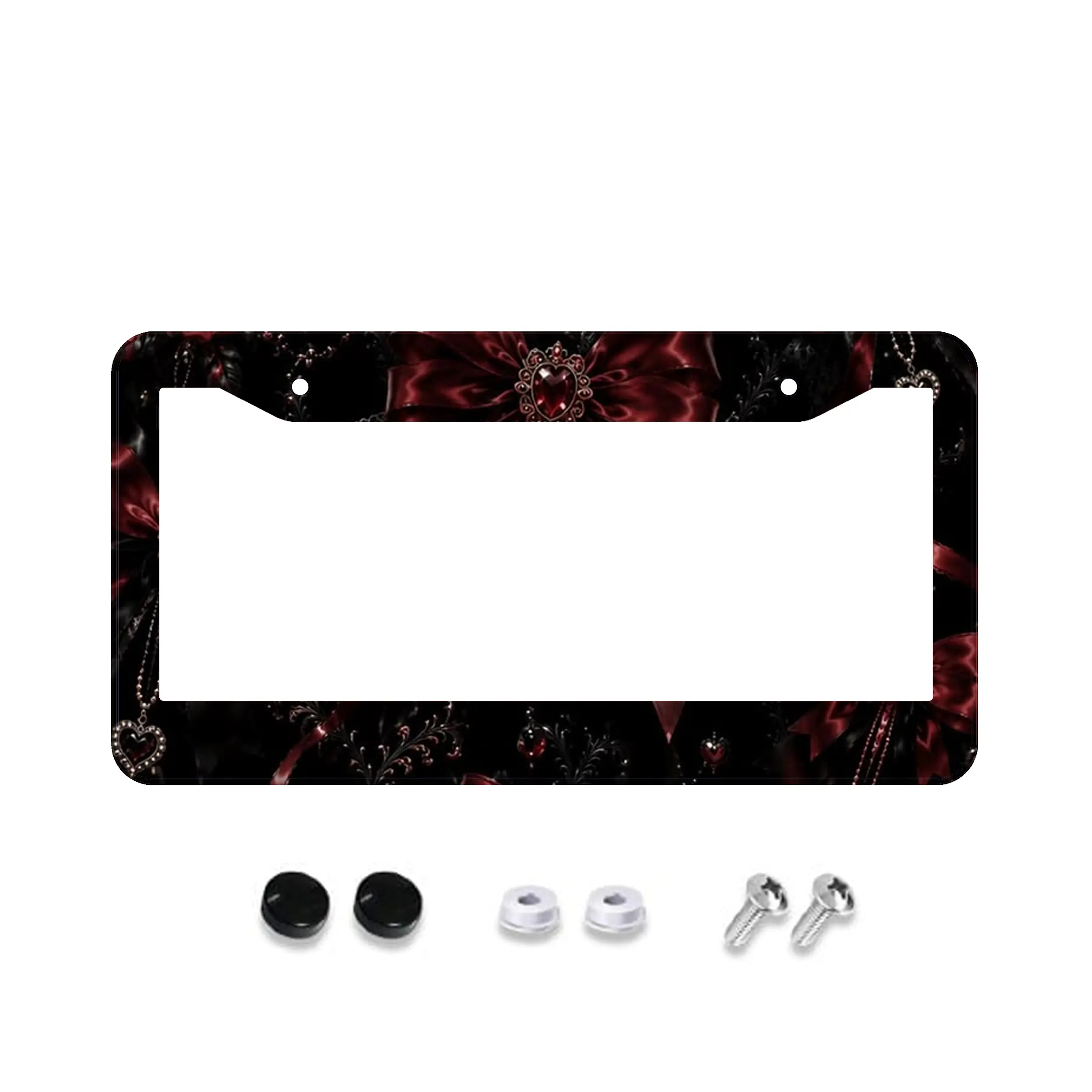 Car License Plate Frame Gothic Floral Skull Design – Universal Aluminum Auto Tag Holder, Front & Rear License Plate Cover, Dark Red Black Car Accessory, Gift for Car Lovers, Car License Plate Tags, Truck Accessories