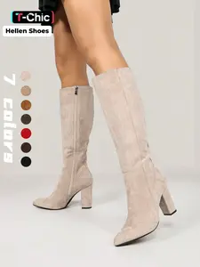 Women's Fall Fashion Pointed Toe High Heel Boots, Elegant Side Zipper Knee-High Shoes, Comfortable Autumn Winter Footwear, Pointed Toes Boots, Pointy Toe Boots, Heeled Knee Boots